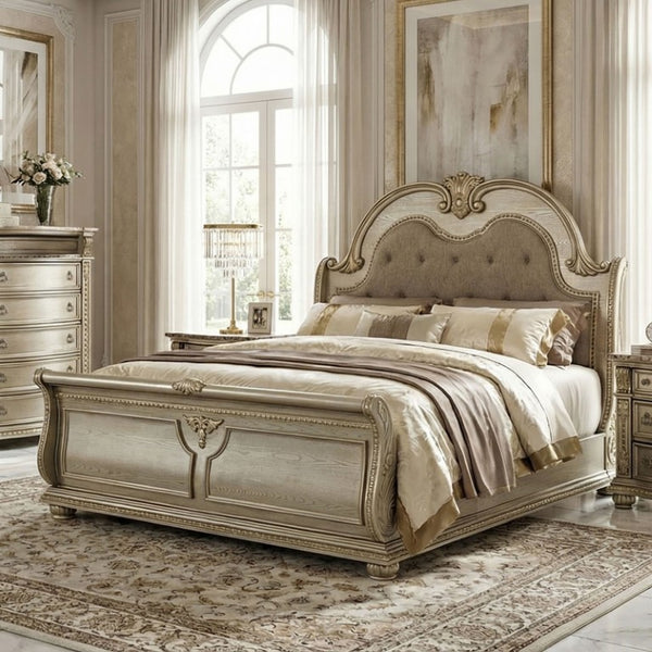 English Elm Traditional Baroque Sleigh Bed Set with Tufted Headboard Marble Tops Gold Finish B2741S01067