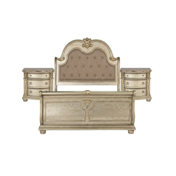 English Elm Traditional Baroque Sleigh Bed Set with Tufted Headboard Marble Tops Gold Finish B2741S01067