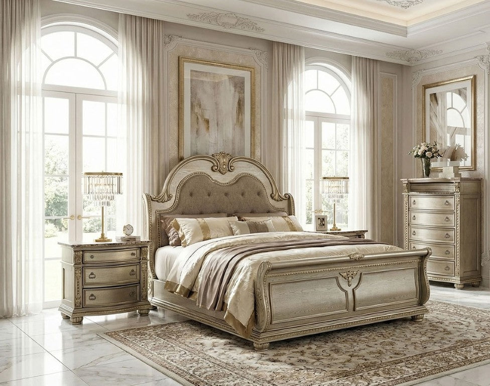English Elm Traditional Baroque Sleigh Bed Set with Tufted Headboard Marble Tops Gold Finish B2741S01067