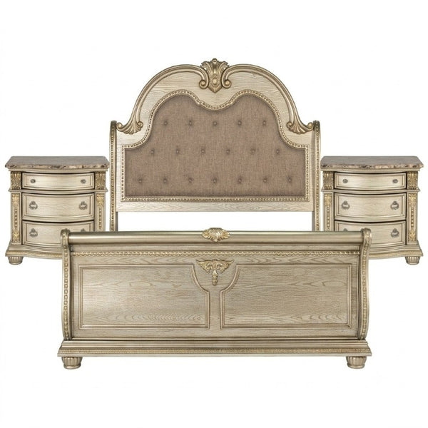 English Elm Traditional Baroque Sleigh Bed Set with Tufted Headboard Marble Tops Gold Finish B2741S01067
