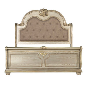English Elm Traditional Baroque Sleigh Bed Set with Tufted Headboard Marble Tops Gold Finish B2741S01067
