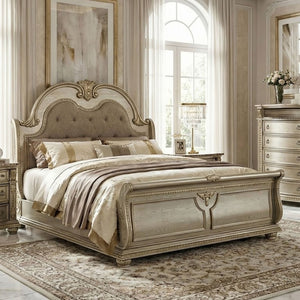 English Elm Traditional Baroque Sleigh Bed Set with Tufted Headboard Marble Tops Gold Finish B2741S01067