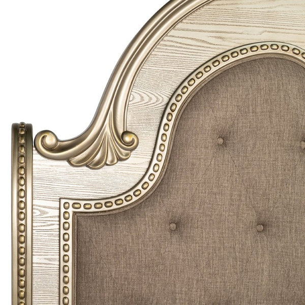 English Elm Traditional Baroque Sleigh Bed Set with Tufted Headboard Marble Tops Gold Finish B2741S01067