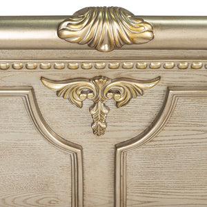 English Elm Traditional Baroque Sleigh Bed Set with Tufted Headboard Marble Tops Gold Finish B2741S01067