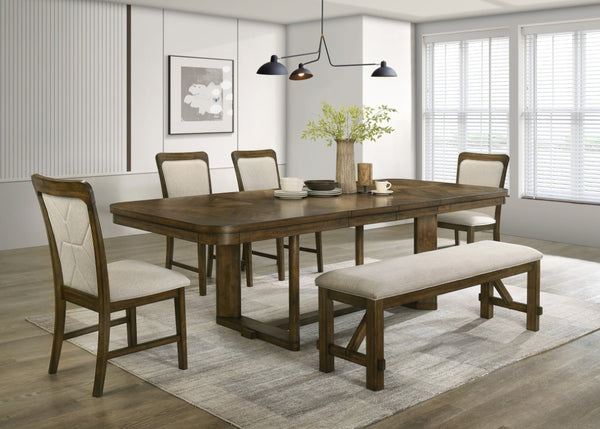 English Elm 1Pc Extendable Rectangular Dining Table with Two Removable Leaves Wood Grain Finish B2741S01069