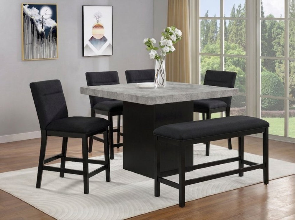 English Elm 6Pc Counter Height Dining Set Square Weathered Gray Top Geometric Black Base with Bench B2741S01076