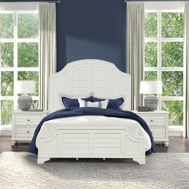 English Elm Antique White King Bedroom Set Arched Louvered Headboard Rubberwood Frame 3 Piece B2741S01088