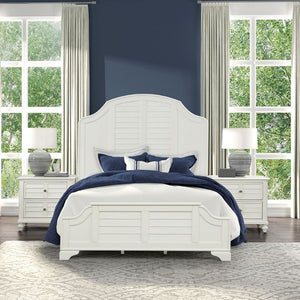 English Elm Antique White King Bedroom Set Arched Louvered Headboard Rubberwood Frame 3 Piece B2741S01088