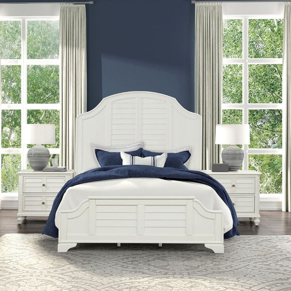 English Elm Antique White King Bedroom Set Arched Louvered Headboard Rubberwood Frame 3 Piece B2741S01088