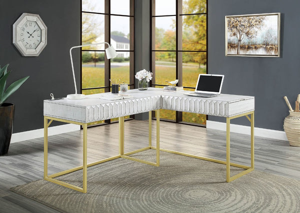 English Elm Transitional Lift Top Computer Desk with USB Port Antique White and Gold Home Office B2741S01091