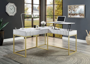 English Elm Transitional Lift Top Computer Desk with USB Port Antique White and Gold Home Office B2741S01091
