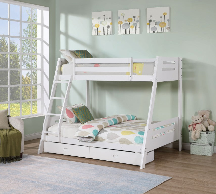 English Elm Transitional Twin Over Full Bunk Bed Solid Wood White Finish with Built in Storage Drawers B2741S01093
