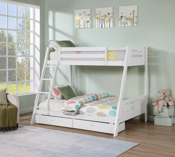 English Elm Transitional Twin Over Full Bunk Bed Solid Wood White Finish with Built in Storage Drawers B2741S01093