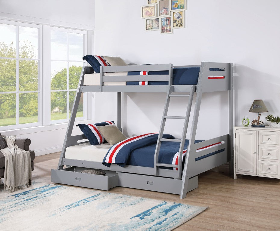 English Elm Transitional Twin Over Full Bunk Bed Solid Wood Gray Finish with Storage Drawers B2741S01094