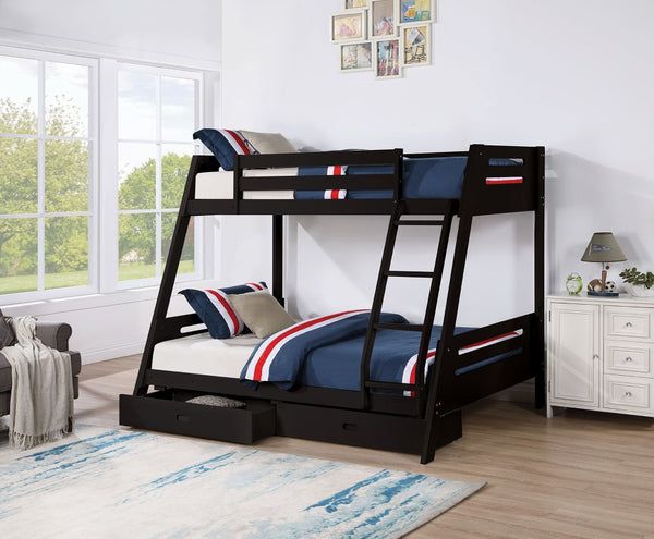 English Elm Transitional Twin Over Full Solid Wood Bunk Bed with Storage Drawers and Reversible Ladder Black Solid Wood 79 L x 61 W x 65 H B2741S01095