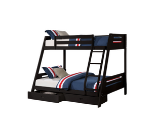 English Elm Transitional Twin Over Full Solid Wood Bunk Bed with Storage Drawers and Reversible Ladder Black Solid Wood 79 L x 61 W x 65 H B2741S01095