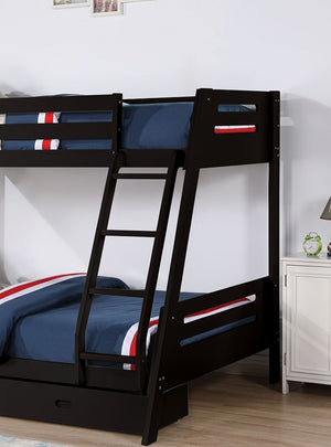 English Elm Transitional Twin Over Full Solid Wood Bunk Bed with Storage Drawers and Reversible Ladder Black Solid Wood 79 L x 61 W x 65 H B2741S01095