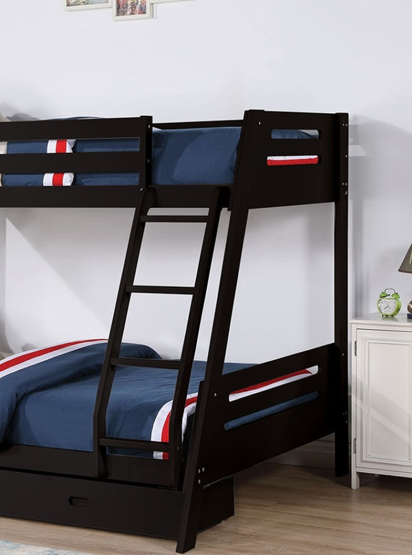 English Elm Transitional Twin Over Full Solid Wood Bunk Bed with Storage Drawers and Reversible Ladder Black Solid Wood 79 L x 61 W x 65 H B2741S01095