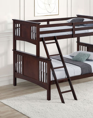 English Elm Transitional Twin Over Full Bunk Bed Solid Hardwood Dark Walnut Angled Ladder Kids Room B2741S01101