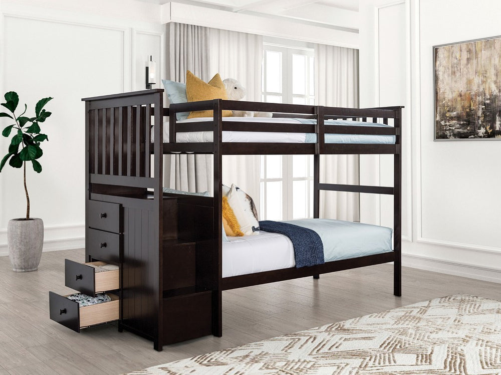 English Elm Transitional Twin Over Staircase Bunk Bed with Storage Drawers Espresso Wood B2741S01111