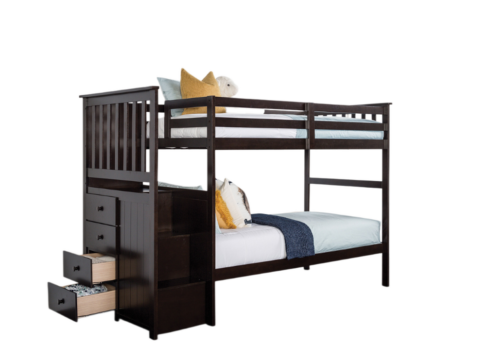 English Elm Transitional Twin Over Staircase Bunk Bed with Storage Drawers Espresso Wood B2741S01111