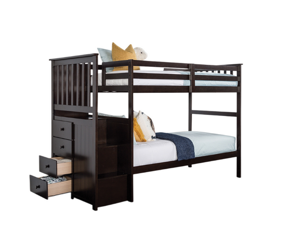 English Elm Transitional Twin Over Staircase Bunk Bed with Storage Drawers Espresso Wood B2741S01111