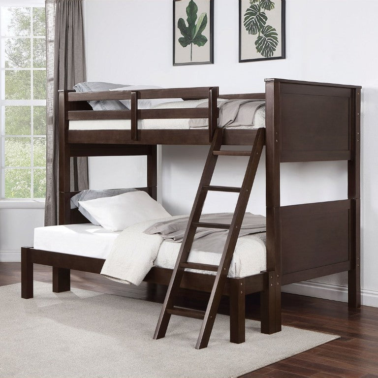English Elm Transitional Twin Over Full Solid Wood Bunk Bed with Walnut Finish and Footboard Ladder B2741S01112