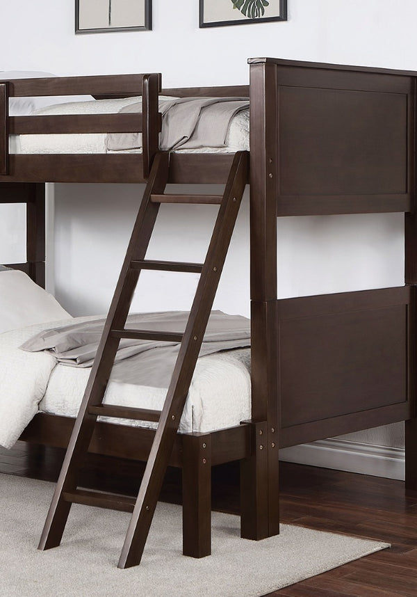 English Elm Transitional Twin Over Full Solid Wood Bunk Bed with Walnut Finish and Footboard Ladder B2741S01112