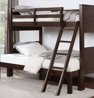 English Elm Transitional Twin Over Full Solid Wood Bunk Bed with Walnut Finish and Footboard Ladder B2741S01112