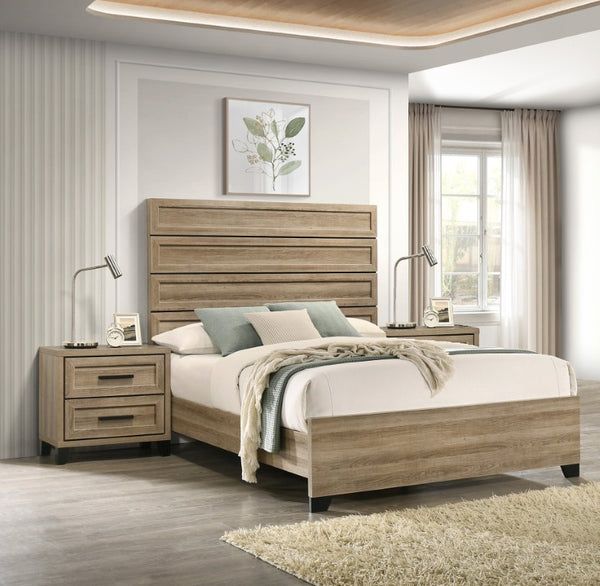 English Elm 3Pc King Bedroom Set Leatherette Headboard with LED Lighting and Walnut Nightstands Brown B2741S01117
