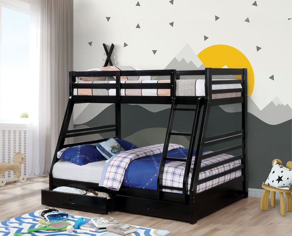 English Elm Transitional Twin Over Full Bunk Bed Solid Wood Matte Black with Storage Drawers B2741S01118