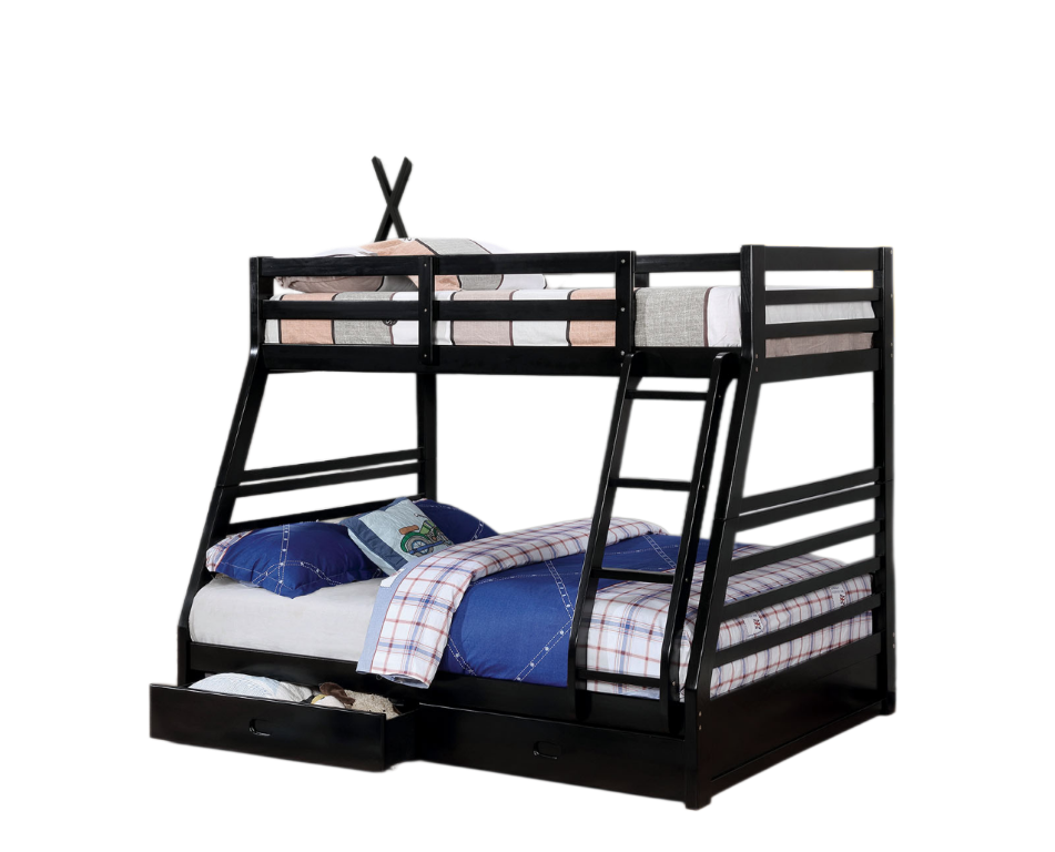English Elm Transitional Twin Over Full Bunk Bed Solid Wood Matte Black with Storage Drawers B2741S01118