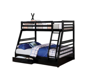 English Elm Transitional Twin Over Full Bunk Bed Solid Wood Matte Black with Storage Drawers B2741S01118