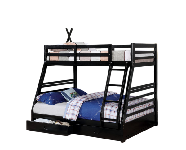 English Elm Transitional Twin Over Full Bunk Bed Solid Wood Matte Black with Storage Drawers B2741S01118