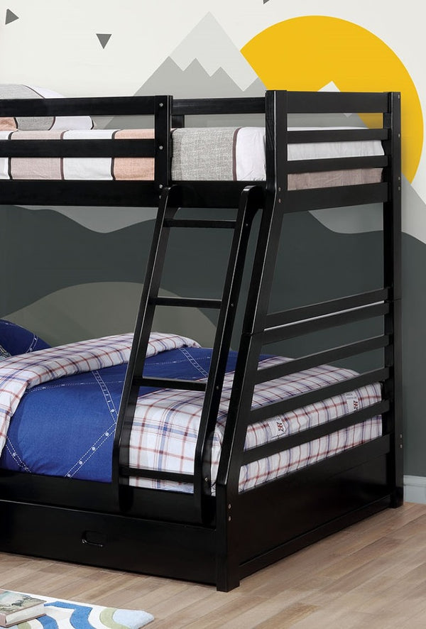 English Elm Transitional Twin Over Full Bunk Bed Solid Wood Matte Black with Storage Drawers B2741S01118