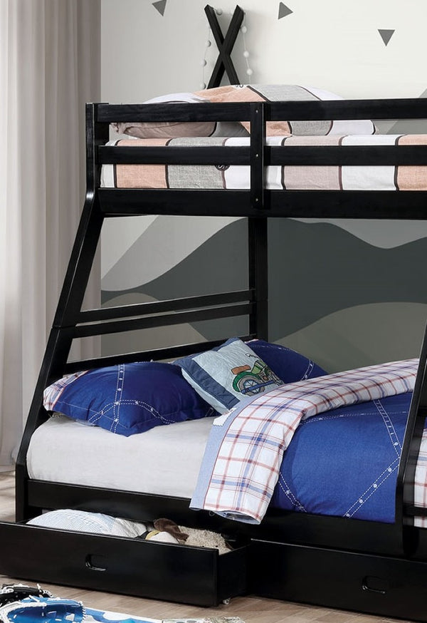 English Elm Transitional Twin Over Full Bunk Bed Solid Wood Matte Black with Storage Drawers B2741S01118