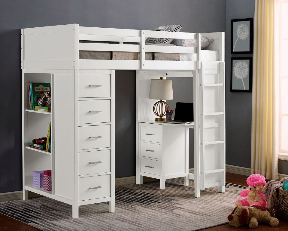 English Elm Transitional Twin Bunk Bed with Nine Drawers Open Shelving Desk and White Wood Frame B2741S01122