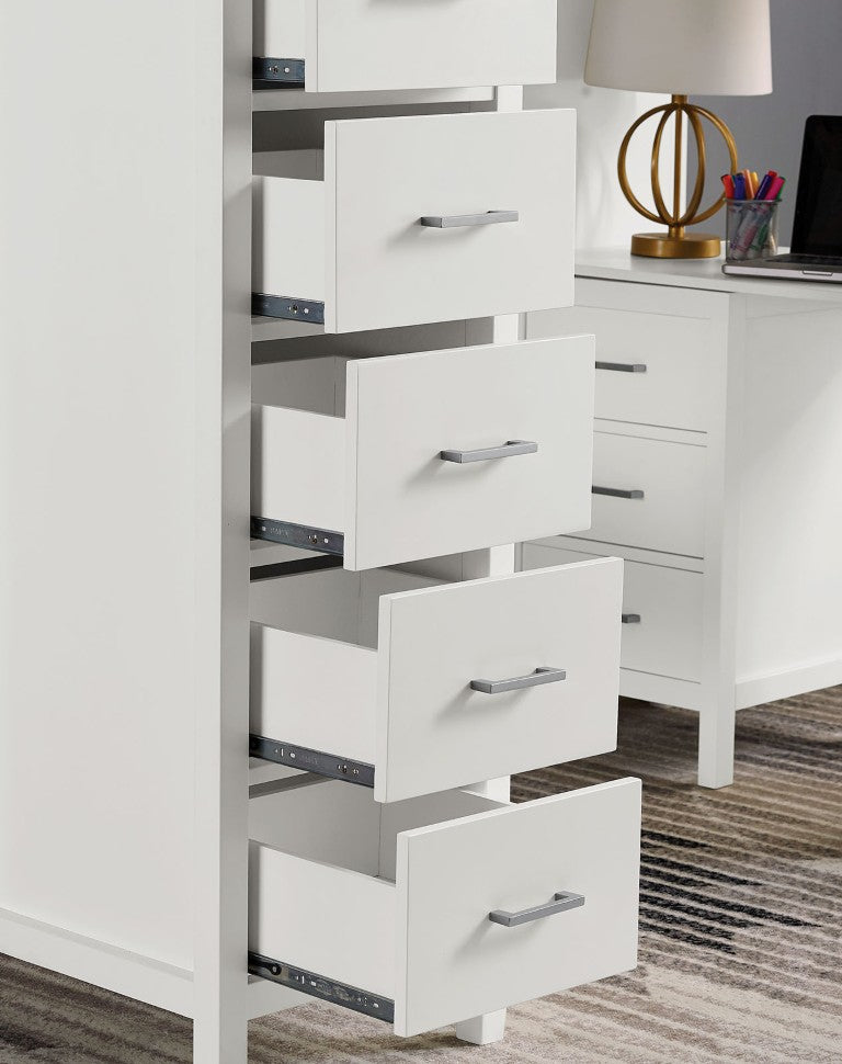 English Elm Transitional Twin Bunk Bed with Nine Drawers Open Shelving Desk and White Wood Frame B2741S01122