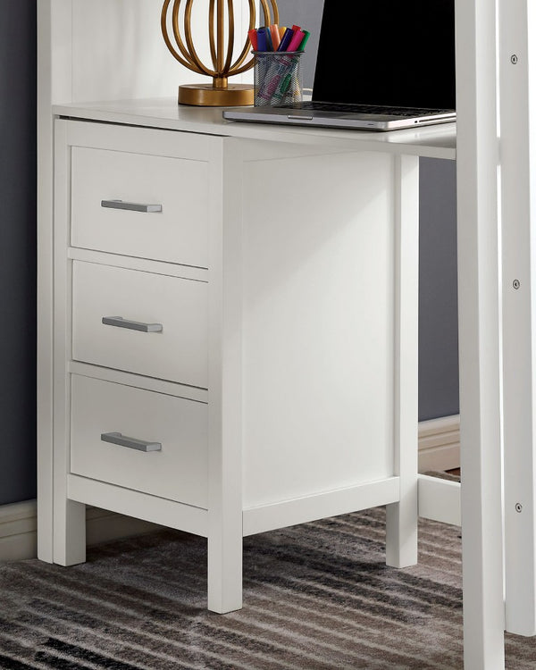 English Elm Transitional Twin Bunk Bed with Nine Drawers Open Shelving Desk and White Wood Frame B2741S01122