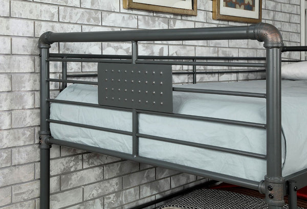 English Elm 1Pc Coastal Louvered Panel Bed Arched Headboard Rubberwood Frame Bedroom Anchor Antique Black Metal 82.25 L x 63 W x 75.5 H B2741S01127