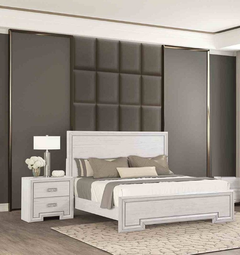 English Elm Simple Gorgeous Rustic White Solid Wood Eastern King Panel Bed and Nightstand Bedroom Set B2741S01139