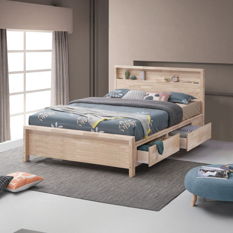 English Elm White Wash Queen Platform Bed Solid Hardwood Bookshelf Headboard with Storage Drawers B2741S01140