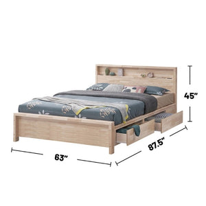 English Elm White Wash Queen Platform Bed Solid Hardwood Bookshelf Headboard with Storage Drawers B2741S01140