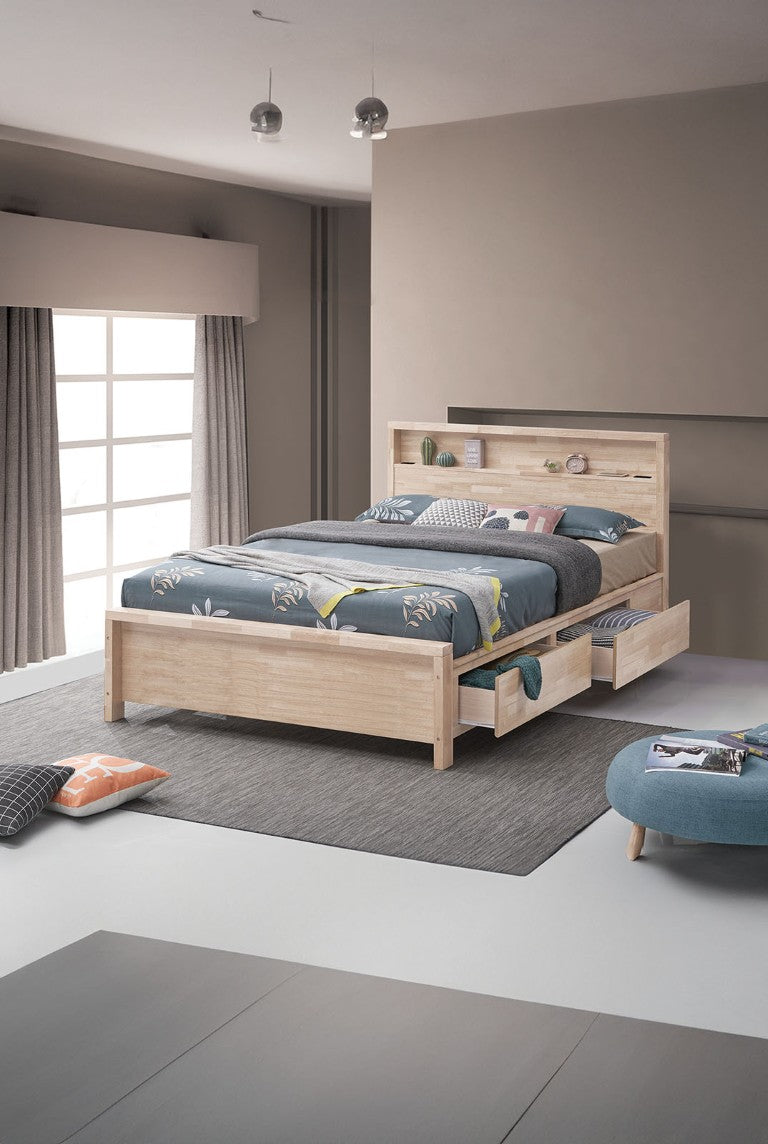 English Elm White Wash Solid Hardwood Full Bed Bookshelf Headboard with Storage Drawers and USB Ports B2741S01141