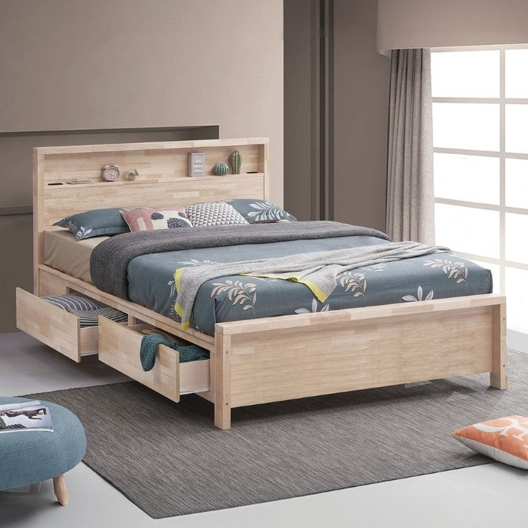 English Elm White Wash Twin Platform Bed Solid Hardwood Bookshelf Headboard with Built-In Storage B2741S01142