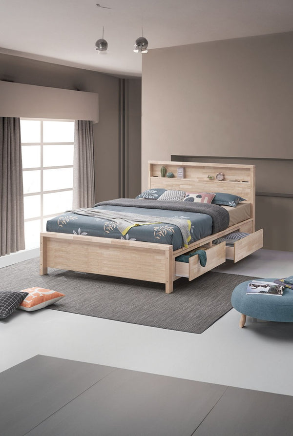 English Elm White Wash Twin Platform Bed Solid Hardwood Bookshelf Headboard with Built-In Storage B2741S01142