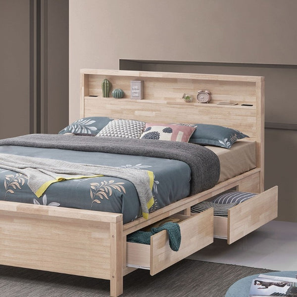 English Elm White Wash Twin Platform Bed Solid Hardwood Bookshelf Headboard with Built-In Storage B2741S01142