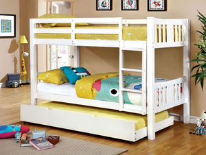English Elm Transitional Solid Wood Twin Bunk Bed with Footboard Ladder and Crisp White Finish B2741S01146