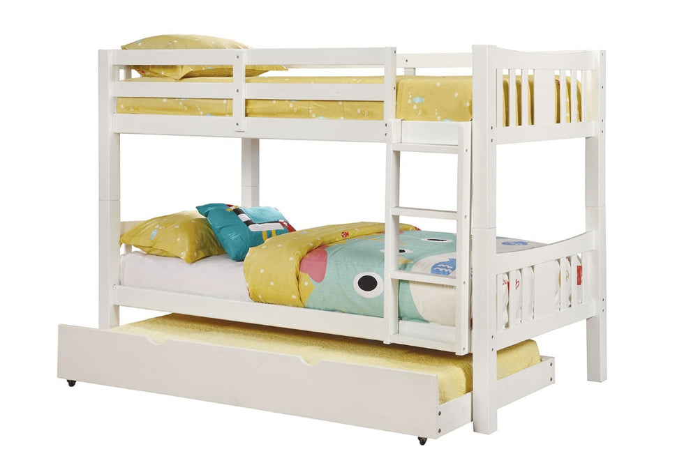 English Elm Transitional Solid Wood Twin Bunk Bed with Footboard Ladder and Crisp White Finish B2741S01146