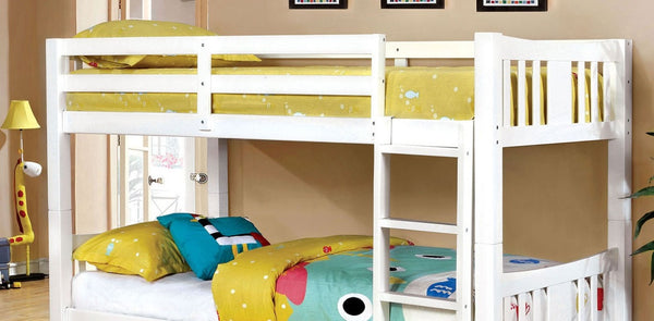 English Elm Transitional Solid Wood Twin Bunk Bed with Footboard Ladder and Crisp White Finish B2741S01146